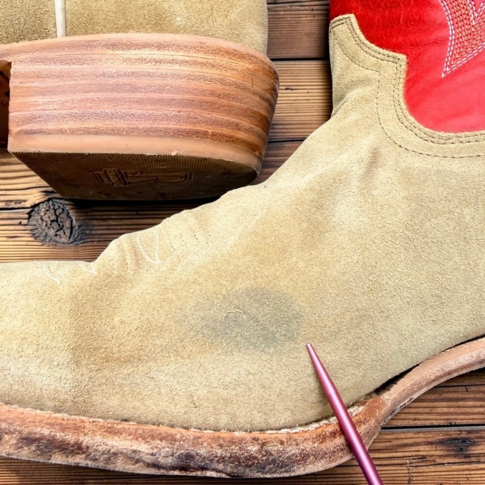 R. Watson Mens 12 EE Handcrafted Tan Suede Red Leather Cowboy Boots 8207 2 - Picture 8 of 15